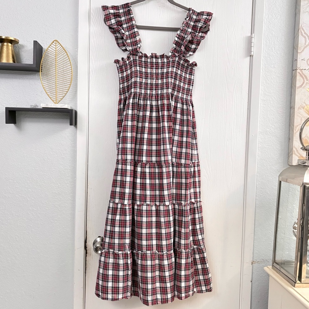 Hill House Ellie Nap Dress Multi Tartan Plaid Smocked Midi Ruffle Size Medium - Picture 4 of 12
